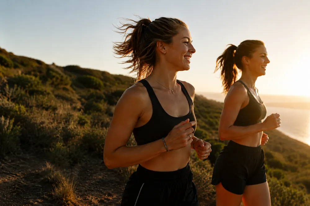 Two women running together along the coast at sunrise