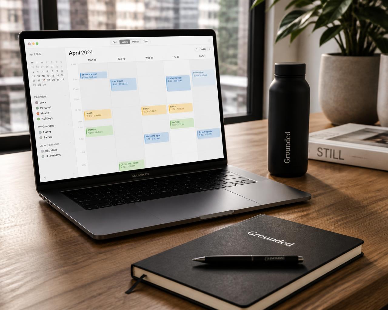 A MacBook showing the Grounded calendar on a wooden desk with a water bottle and notebook